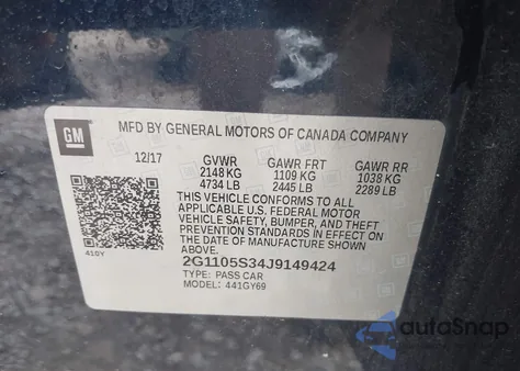 2018 Chevrolet Impala 1Lt from USA, damaged, VIN 2G1105S34J9149424